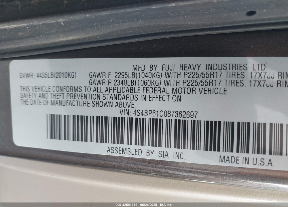 2008 SUBARU OUTBACK VIN: 4S4BP61C087362697