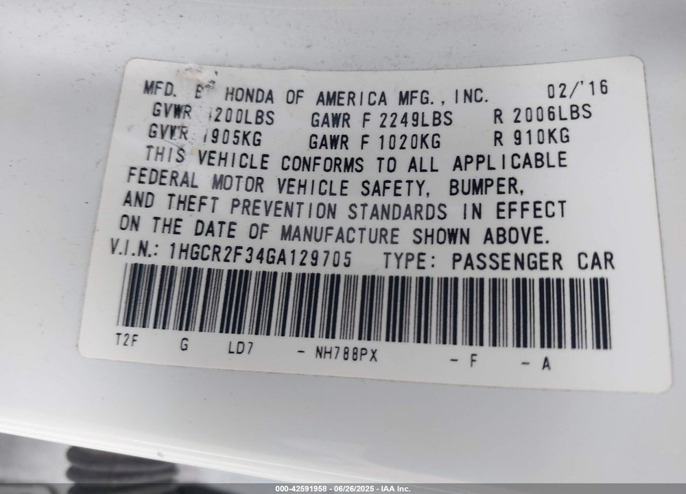 2016 HONDA ACCORD VIN: 1HGCR2F34GA129705