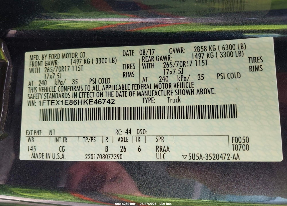 2017 FORD F-150 VIN: 1FTEX1E86HKE46742