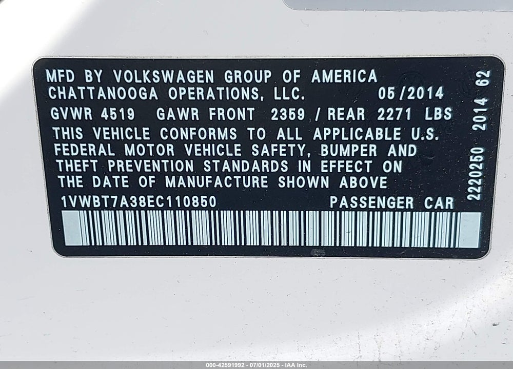 2014 VOLKSWAGEN PASSAT VIN: 1VWBT7A38EC110850