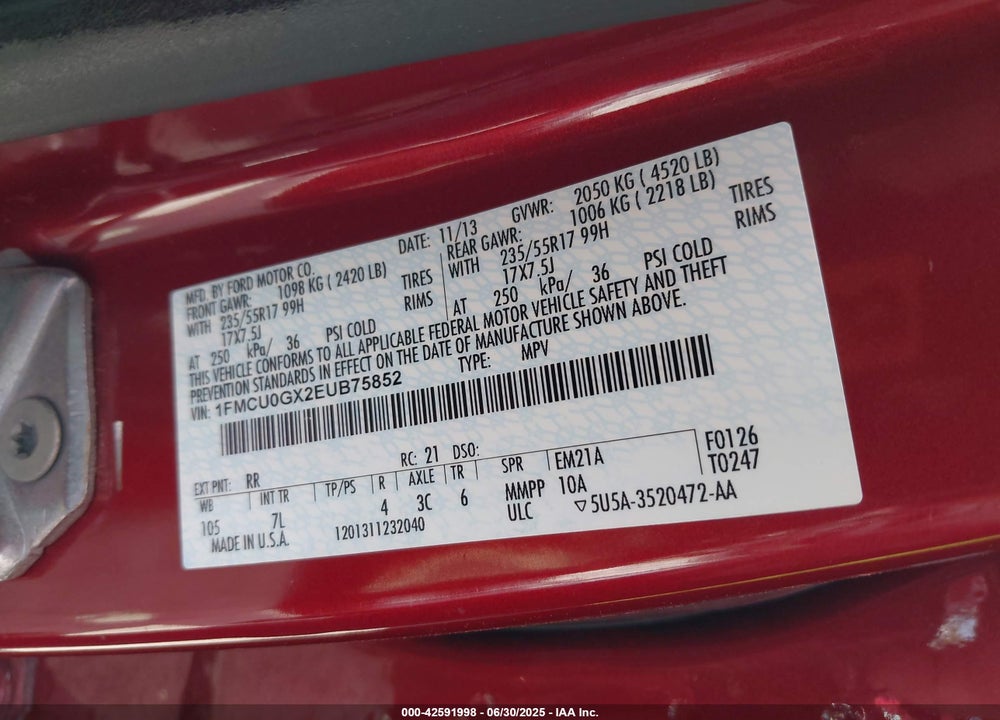 2014 FORD ESCAPE VIN: 1FMCU0GX2EUB75852