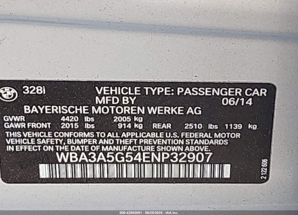 2014 BMW 328I VIN: WBA3A5G54ENP32907