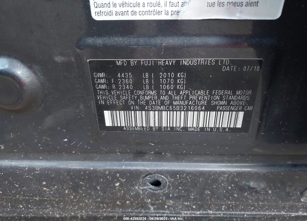 2011 SUBARU LEGACY VIN: 4S3BMBC65B3216064