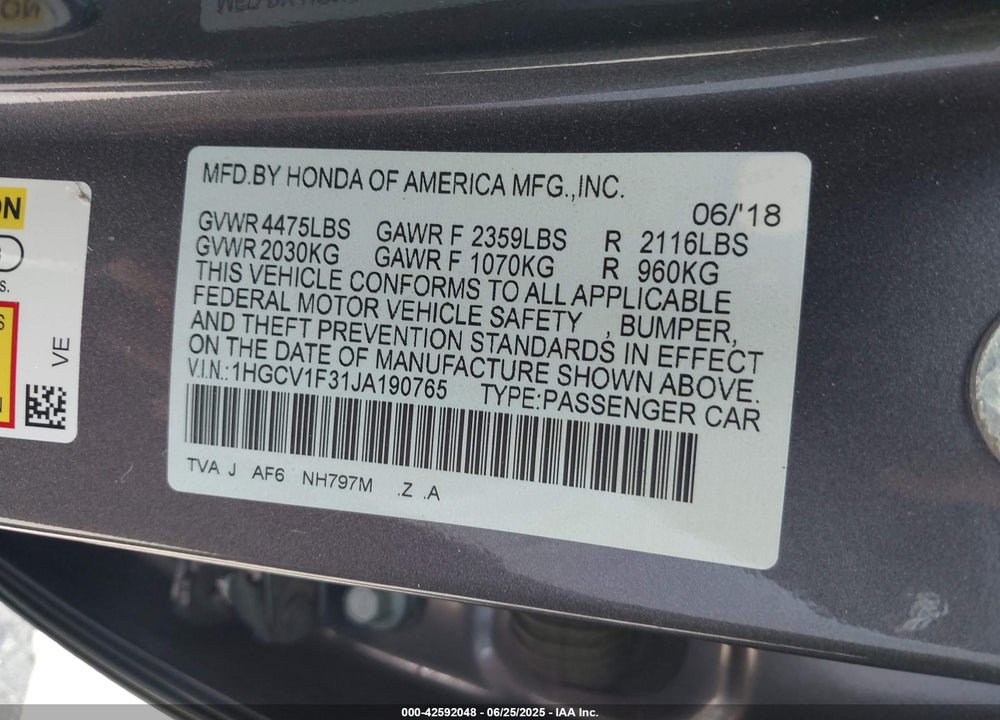 2018 HONDA ACCORD VIN: 1HGCV1F31JA190765