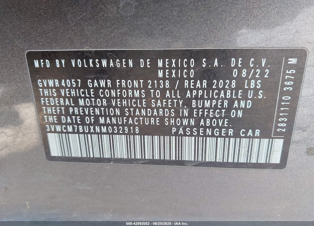 2022 VOLKSWAGEN JETTA VIN: 3VWCM7BUXNM032918