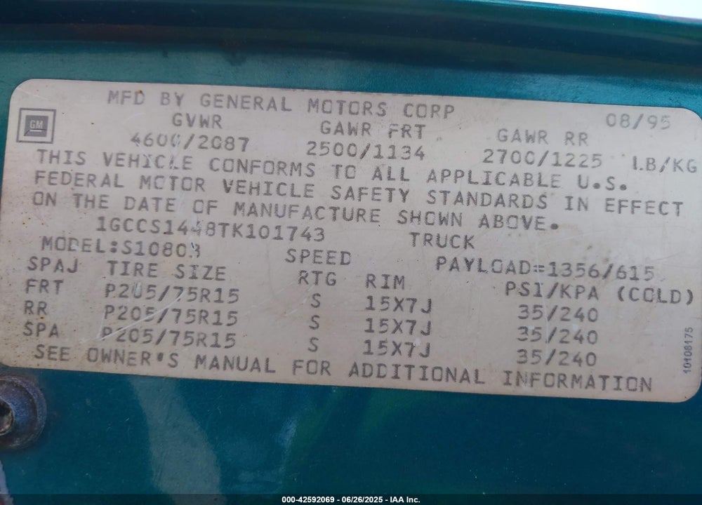 1996 CHEVROLET S TRUCK S10 VIN: 1GCCS1448TK101743