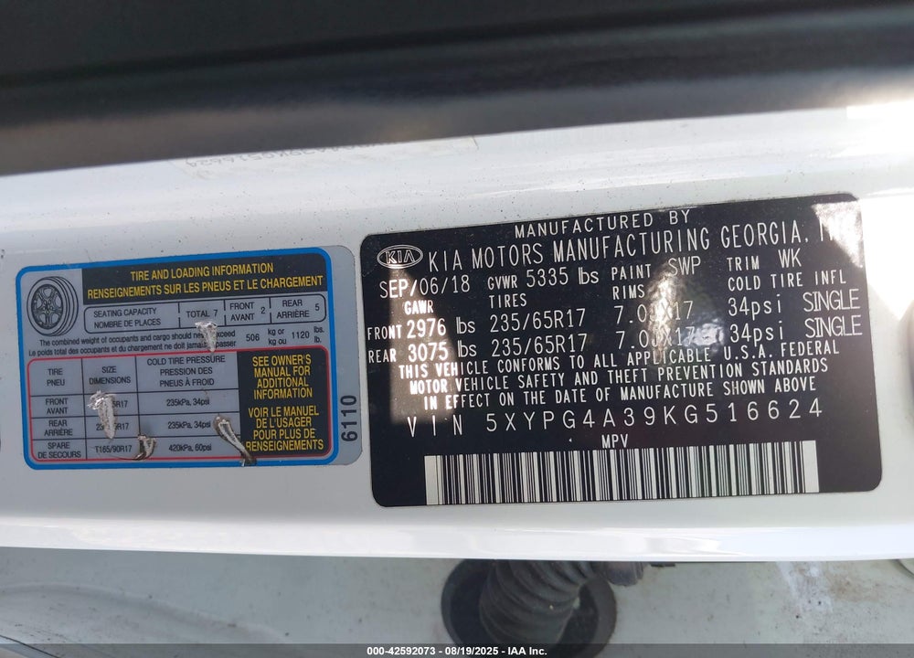 2019 KIA SORENTO VIN: 5XYPG4A39KG516624