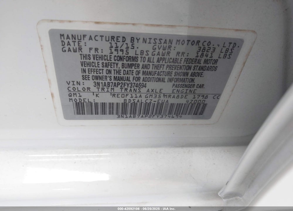 2015 NISSAN SENTRA VIN: 3N1AB7AP2FY374694