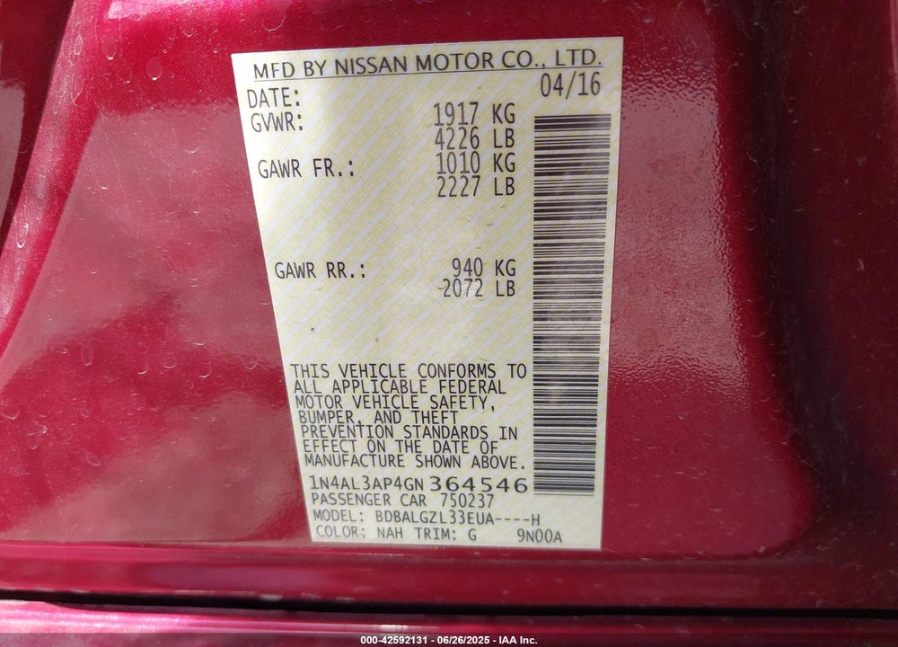 2016 NISSAN ALTIMA VIN: 1N4AL3AP4GN364546
