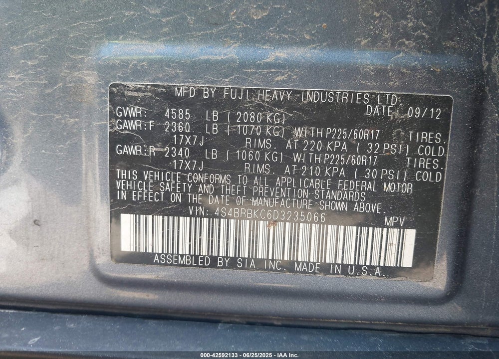 2013 SUBARU OUTBACK 2.5I LIMITED VIN: 4S4BRBKC6D3235066