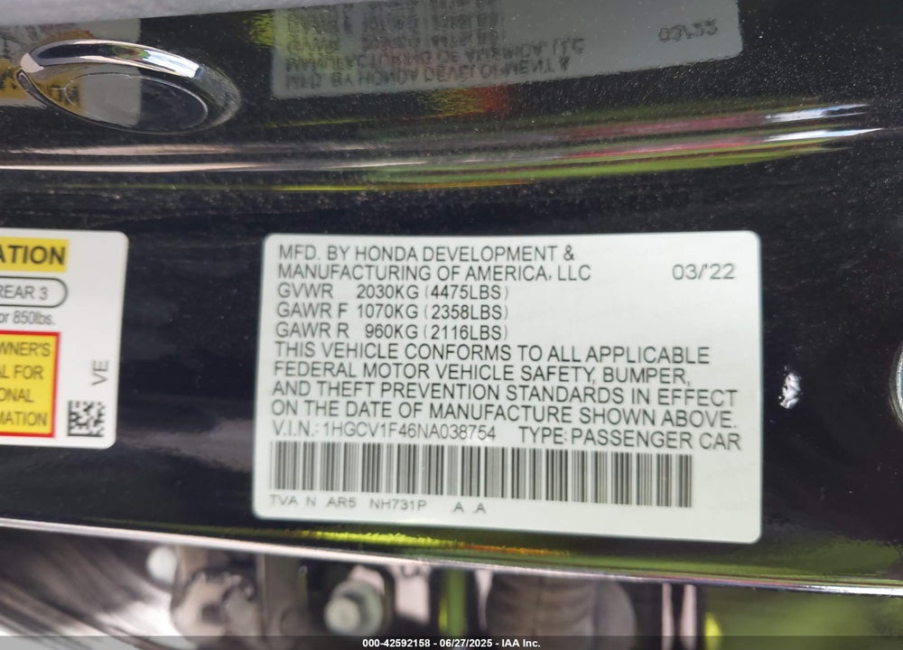 2022 HONDA ACCORD VIN: 1HGCV1F46NA038754