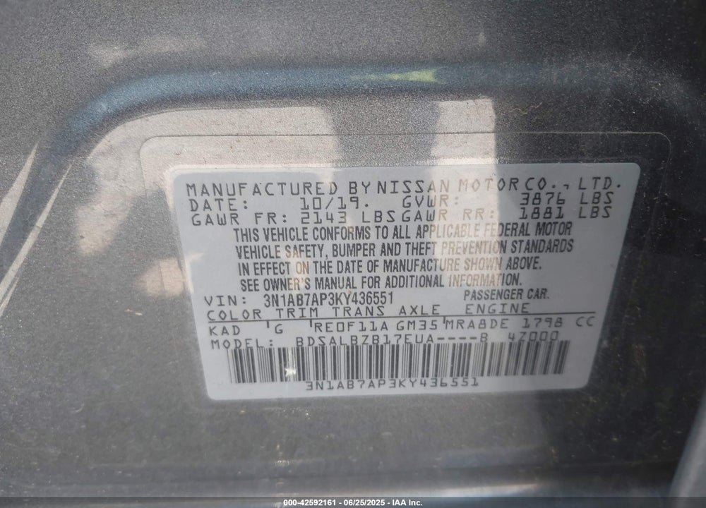 2019 NISSAN SENTRA S VIN: 3N1AB7AP3KY436551