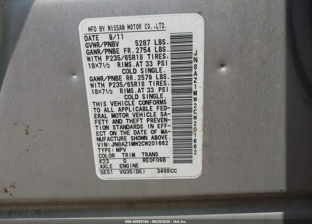 2012 NISSAN MURANO S VIN: JN8AZ1MW2CW201662