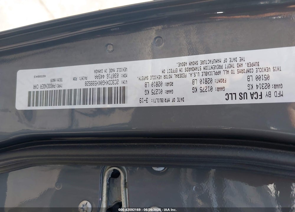 2019 DODGE CHARGER VIN: 2C3CDXHG0KH599528