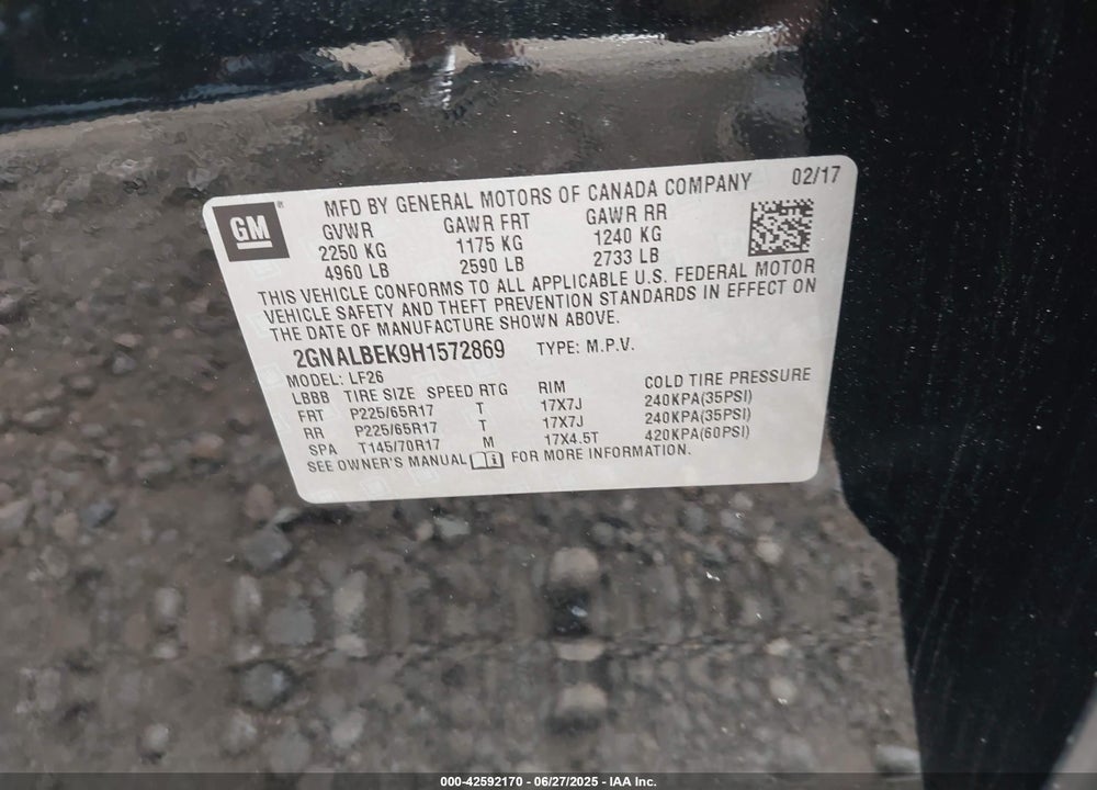 2017 CHEVROLET EQUINOX VIN: 2GNALBEK9H1572869