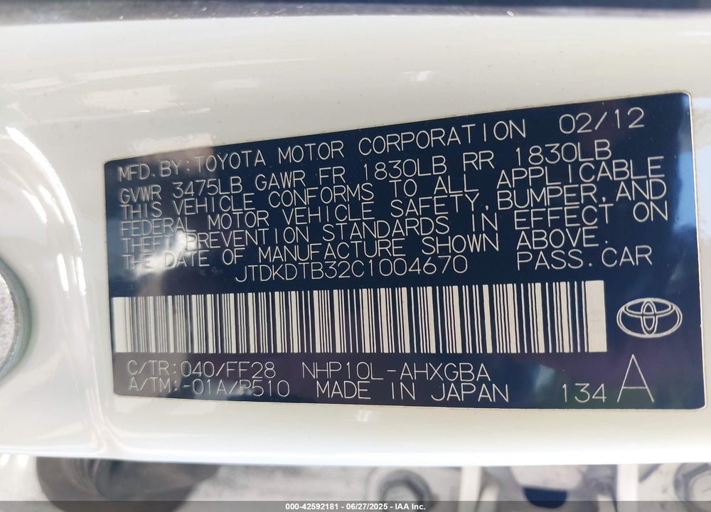 2012 TOYOTA PRIUS C THREE VIN: JTDKDTB32C1004670