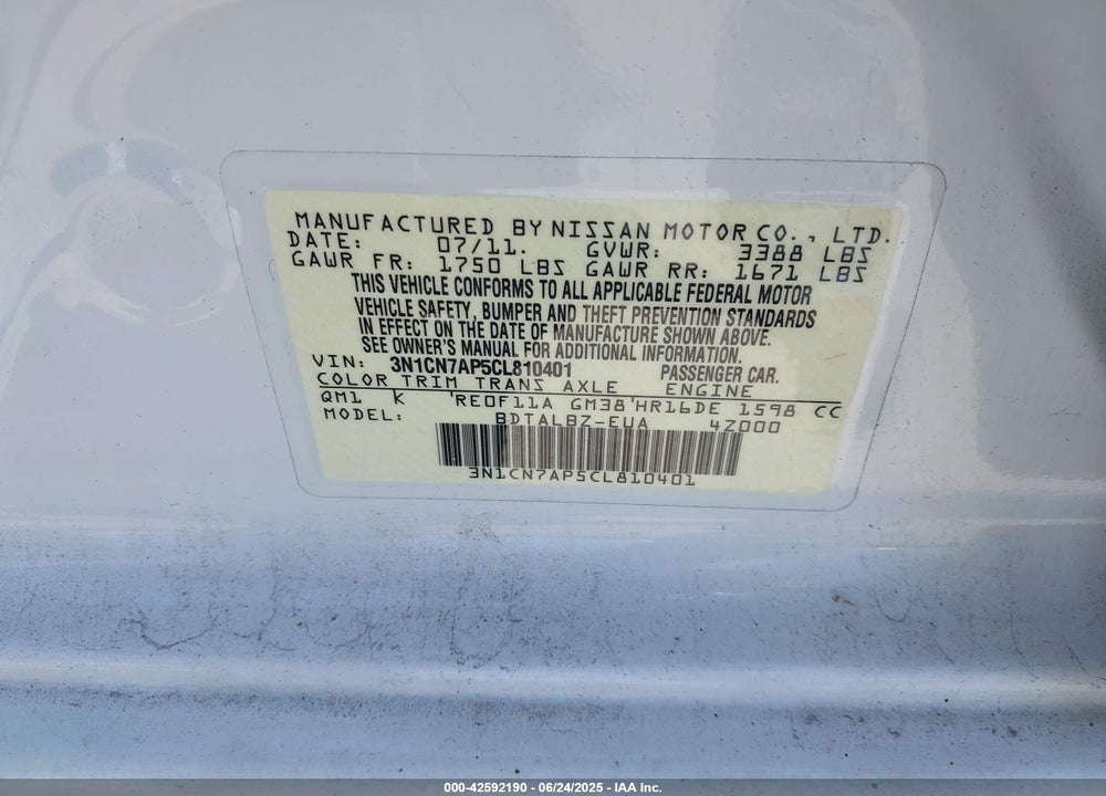 2012 NISSAN VERSA 1.6 SV VIN: 3N1CN7AP5CL810401