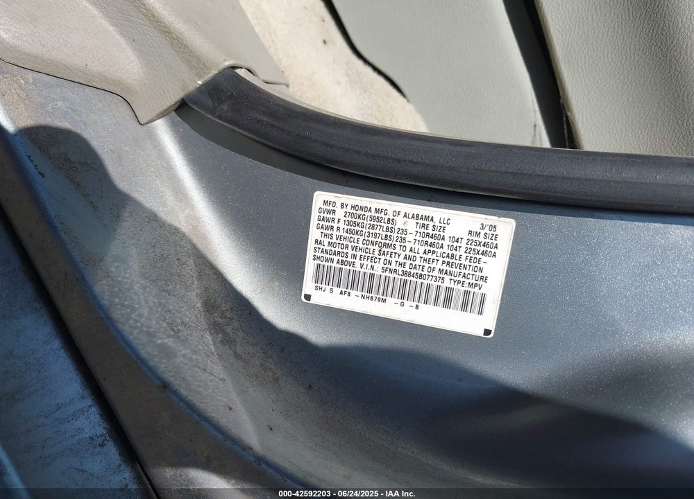 2005 HONDA ODYSSEY TOURING VIN: 5FNRL38845B077375