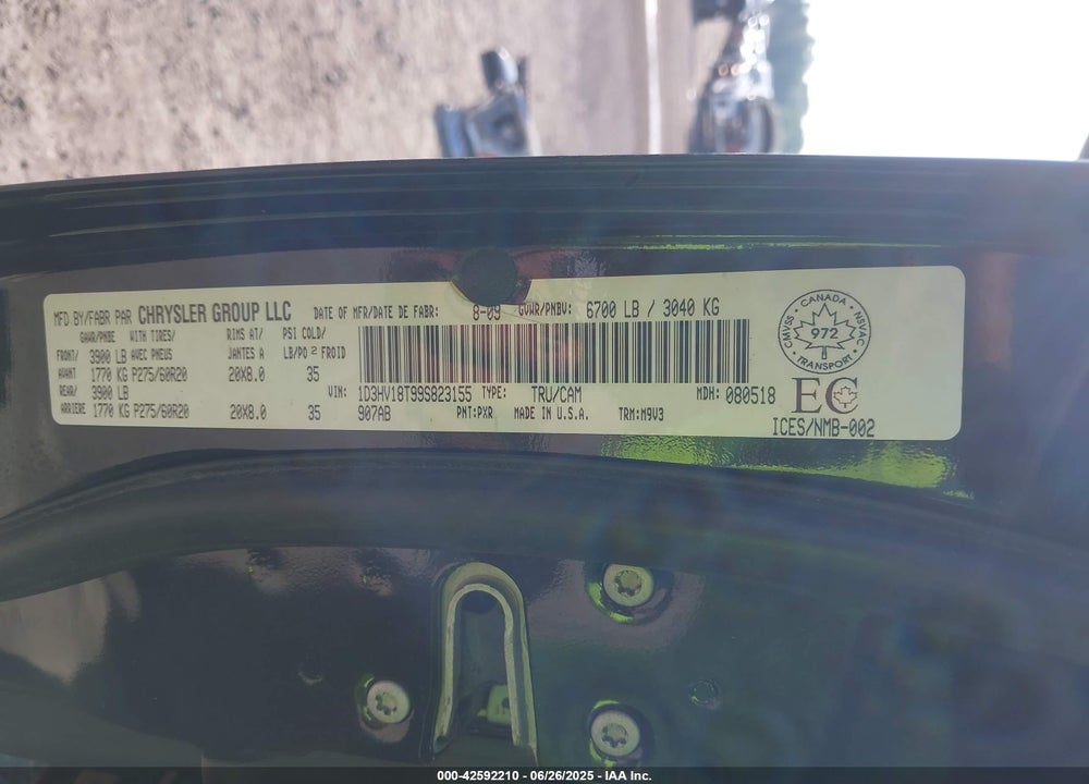 2009 DODGE RAM 1500 VIN: 1D3HV18T99S823155