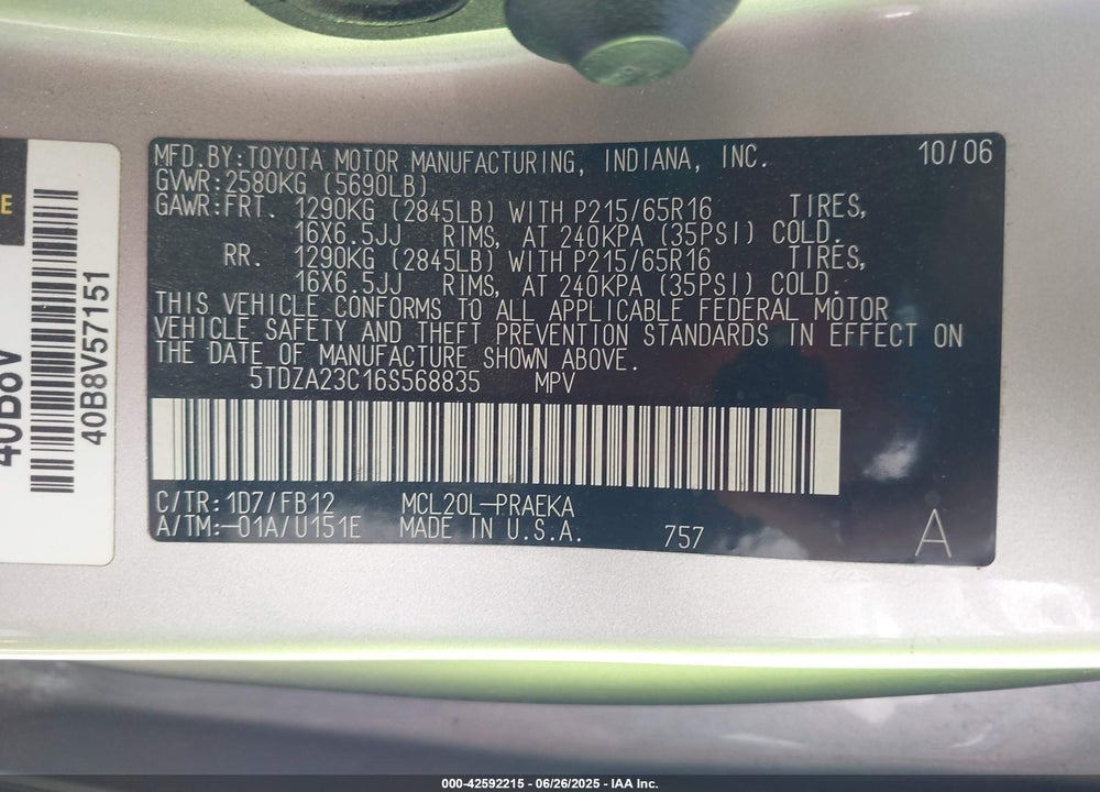 2006 TOYOTA SIENNA VIN: 5TDZA23C16S568835