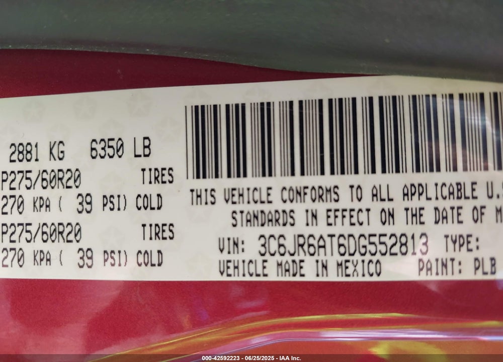 2013 RAM 1500 VIN: 3C6JR6AT6DG552813
