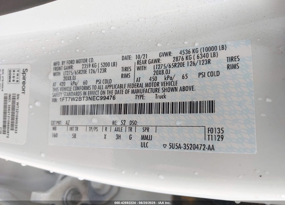 2022 FORD F-250 VIN: 1FT7W2BT3NEC99476