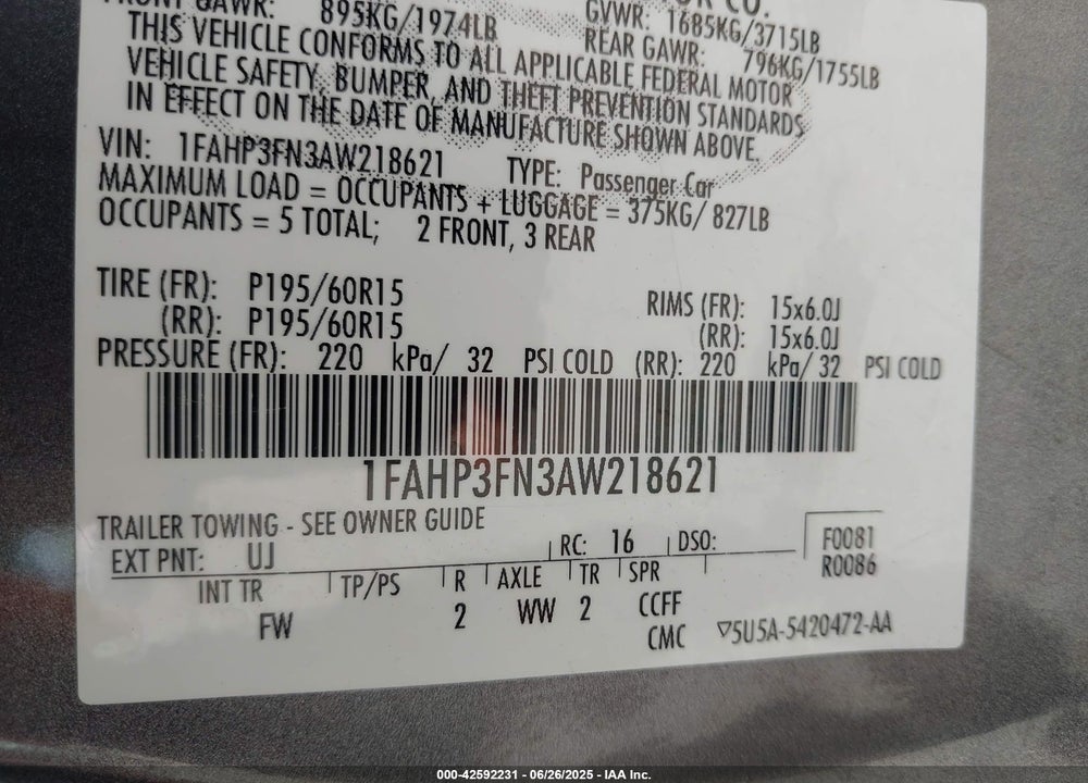 2010 FORD FOCUS VIN: 1FAHP3FN3AW218621