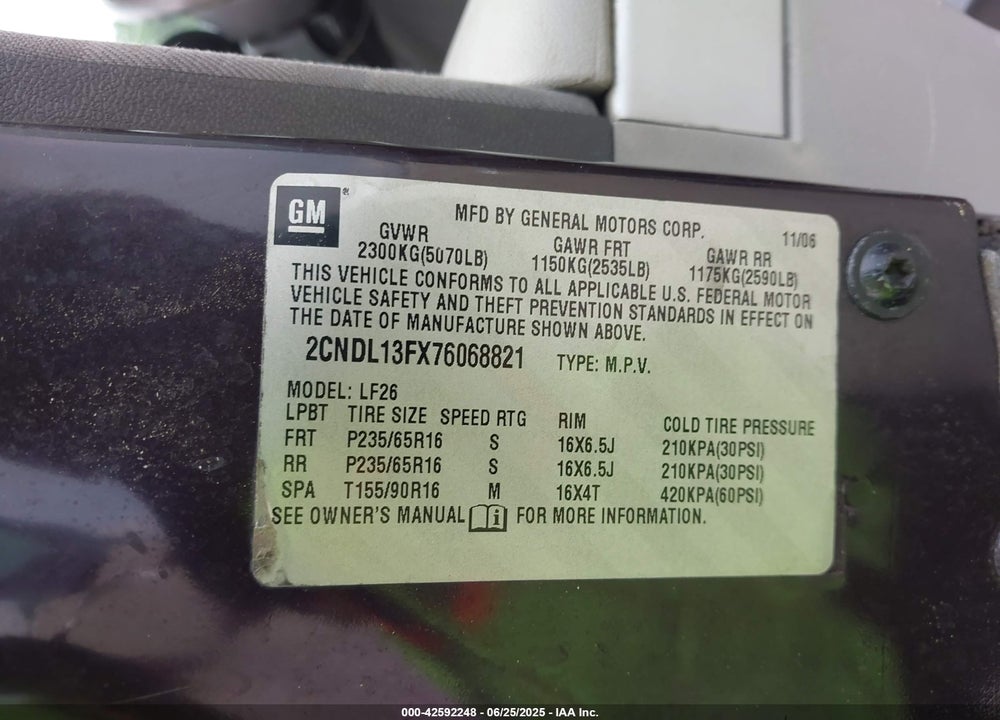2007 CHEVROLET EQUINOX VIN: 2CNDL13FX76068821