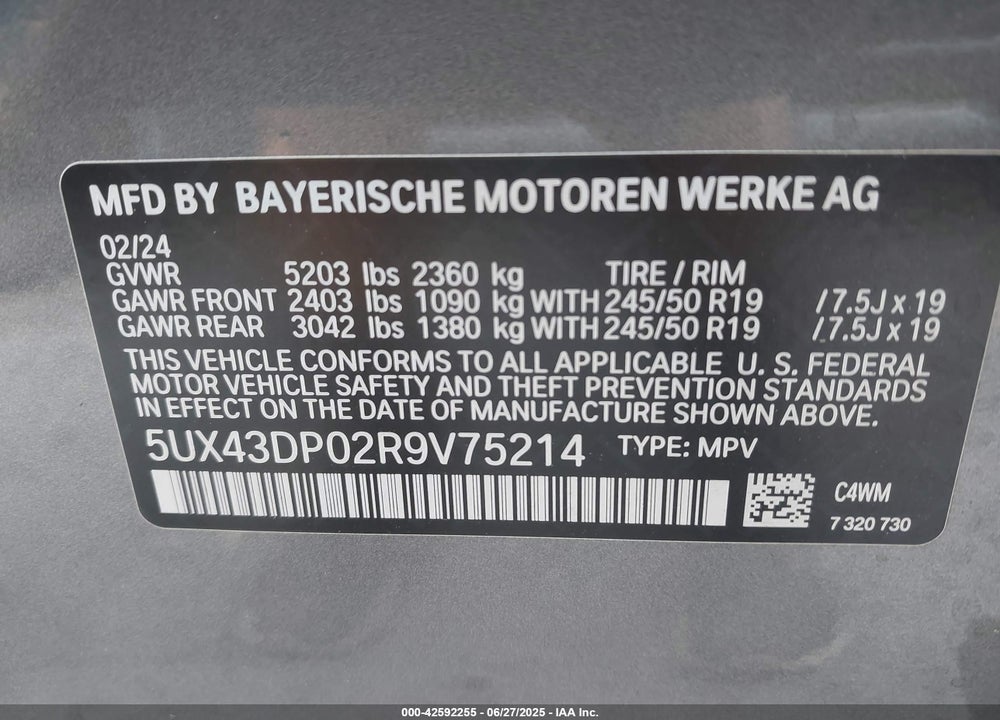 2024 BMW X3 VIN: 5UX43DP02R9V75214
