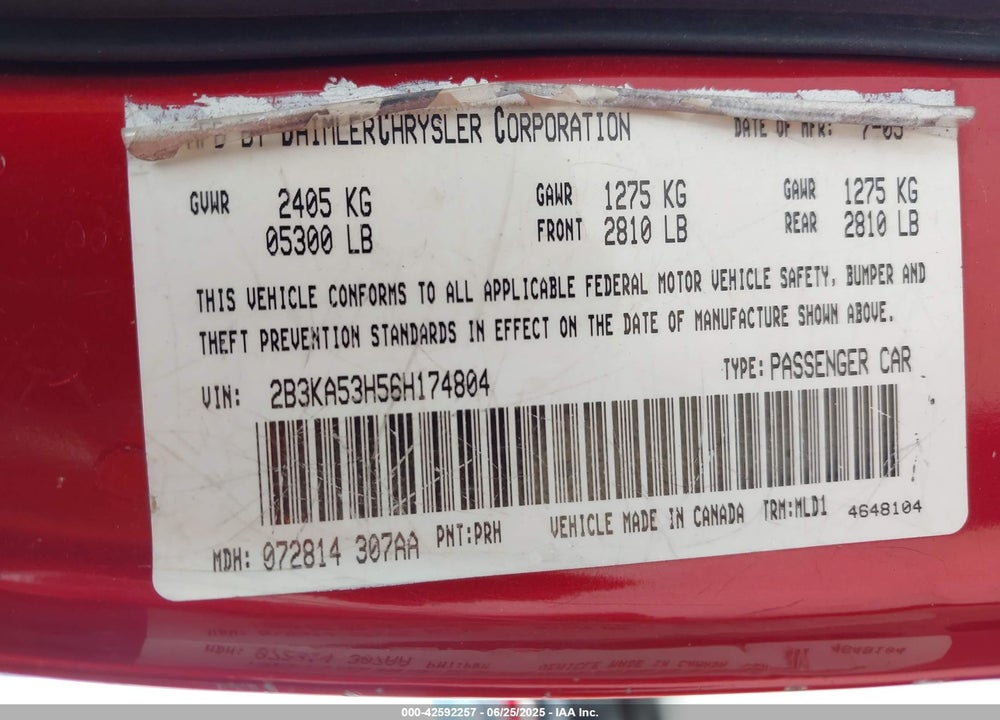 2006 DODGE CHARGER VIN: 2B3KA53H56H174804