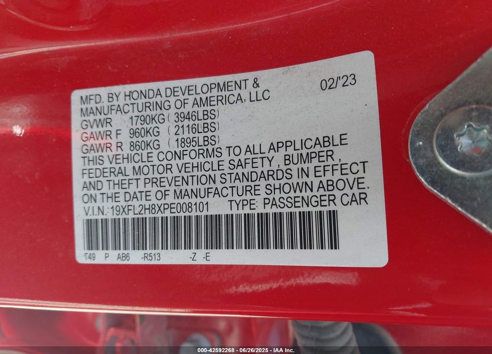 2023 HONDA CIVIC VIN: 19XFL2H8XPE008101