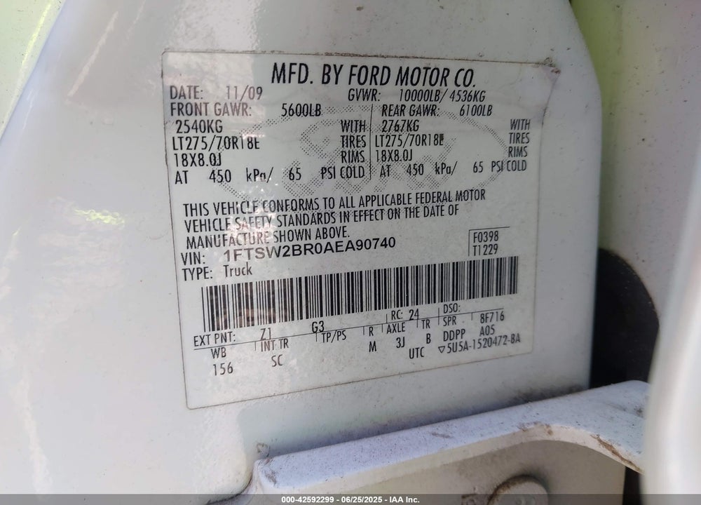 2010 FORD F250 VIN: 1FTSW2BR0AEA90740