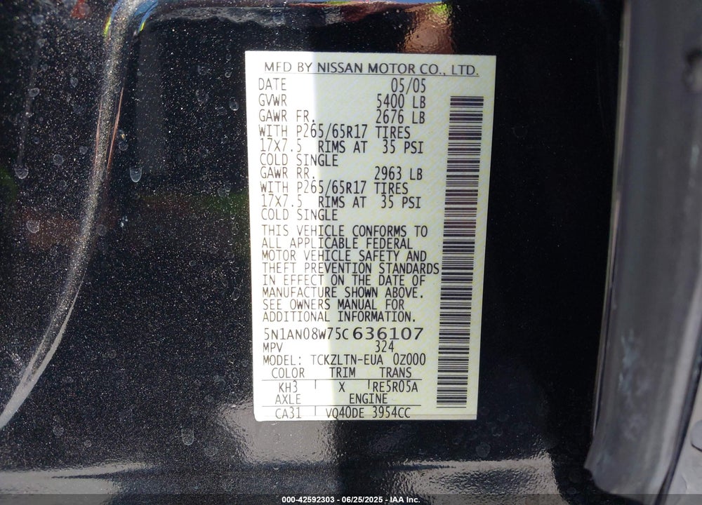 2005 NISSAN XTERRA VIN: 5N1AN08W75C636107