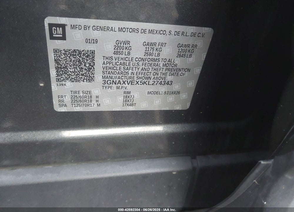 2019 CHEVROLET EQUINOX VIN: 3GNAXVEX5KL274343