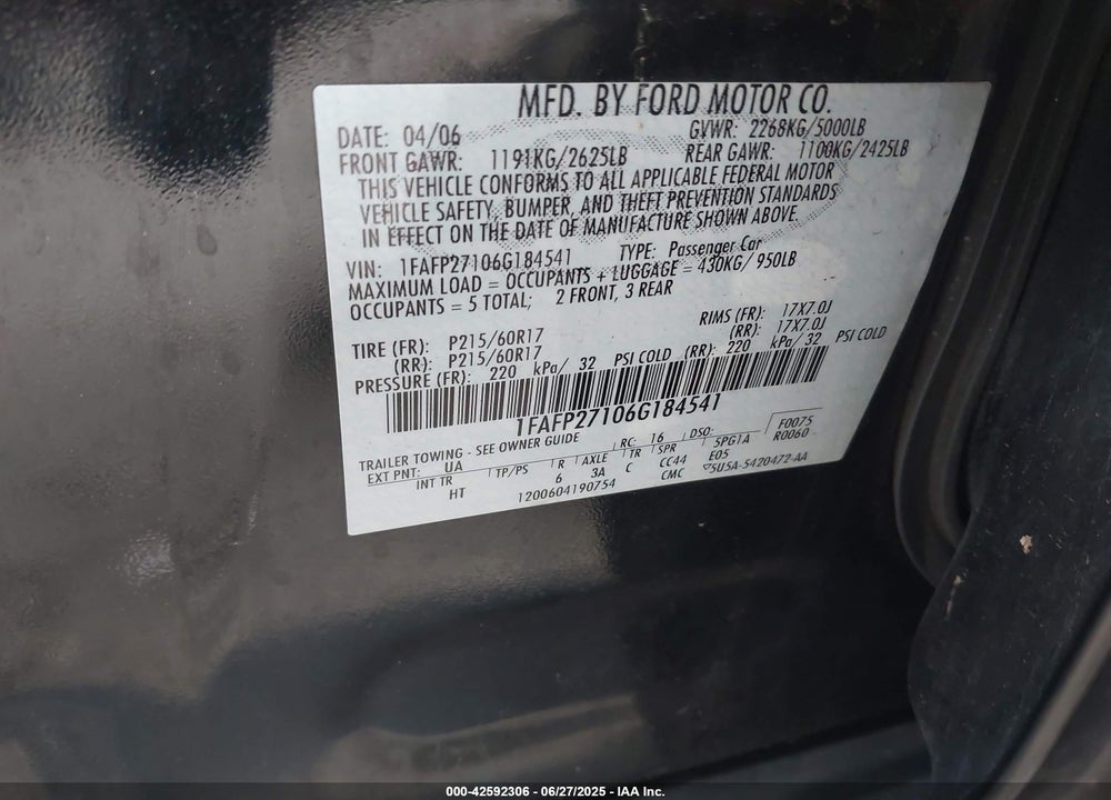 2006 FORD FIVE HUNDRED VIN: 1FAFP27106G184541