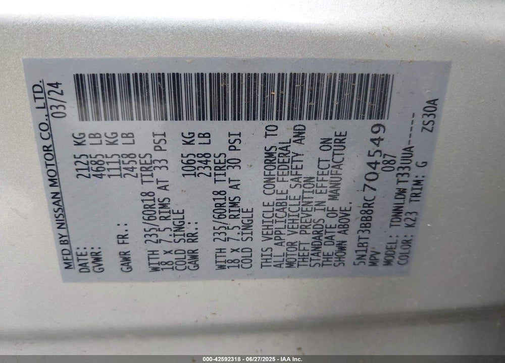 2024 NISSAN ROGUE SV INTELLIGENT AWD VIN: 5N1BT3BB8RC704549
