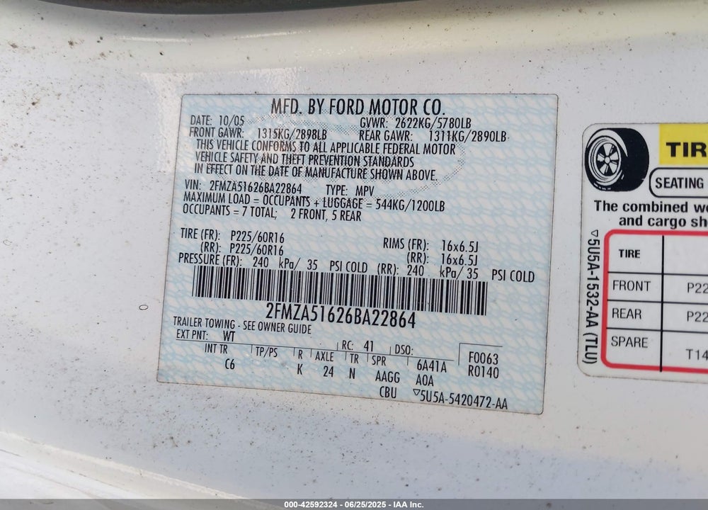 2006 FORD FREESTAR SE VIN: 2FMZA51626BA22864