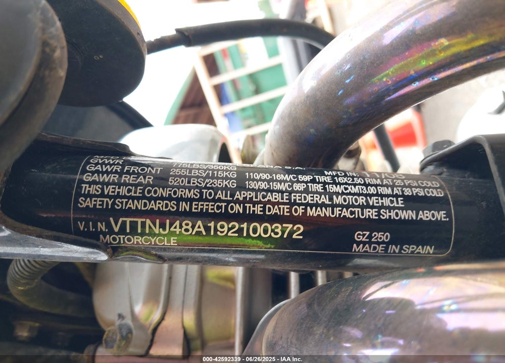 2009 SUZUKI GZ250 VIN: VTTNJ48A192100372