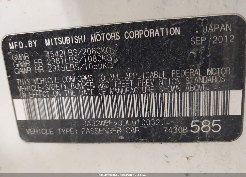 2013 MITSUBISHI LANCER EVOLUTION MR VIN: JA32W5FV0DU010032
