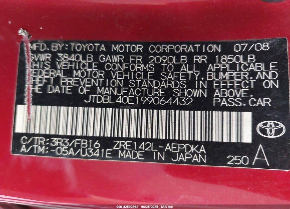 2009 TOYOTA COROLLA VIN: JTDBL40E199064432