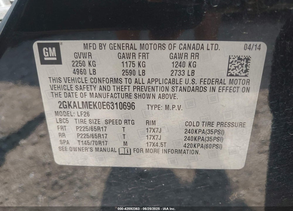 2014 GMC TERRAIN VIN: 2GKALMEK0E6310696