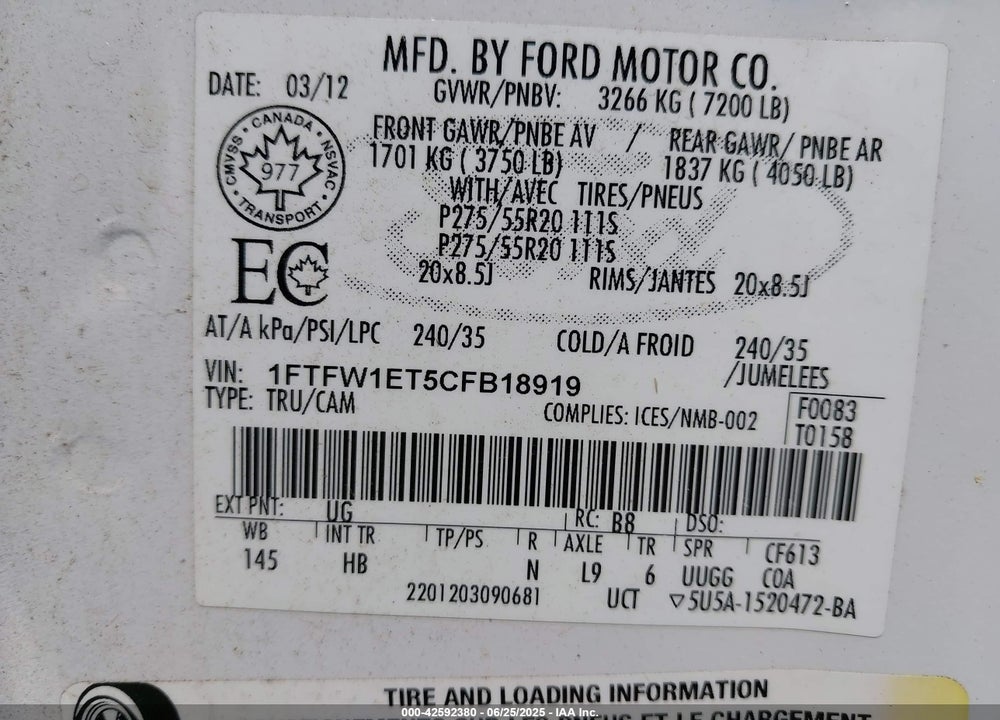 2012 FORD F-150 LARIAT VIN: 1FTFW1ET5CFB18919