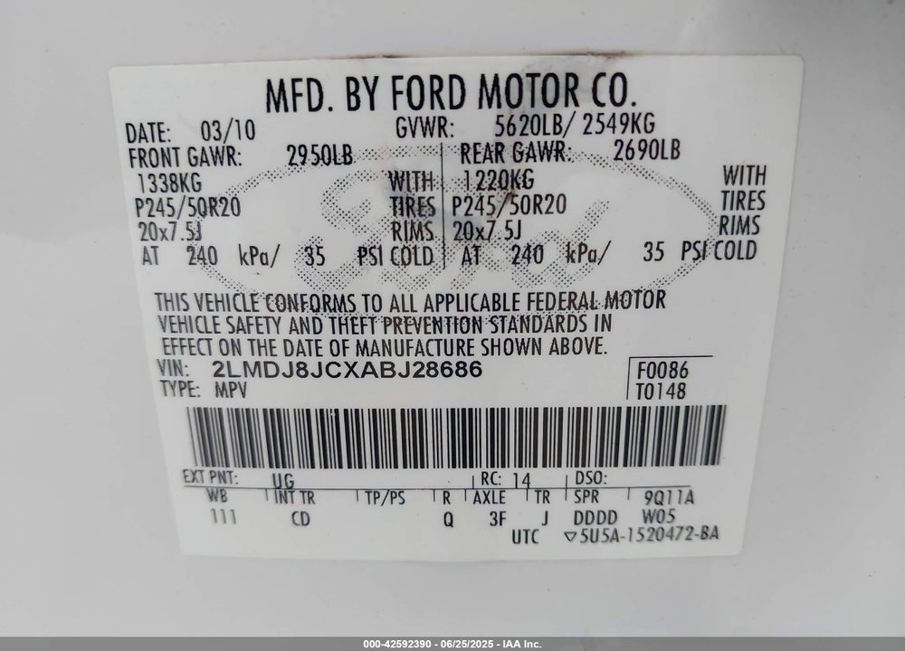 2010 LINCOLN MKX VIN: 2LMDJ8JCXABJ28686