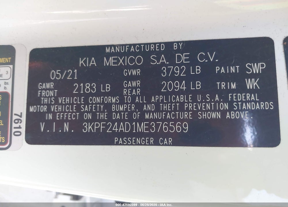 2021 KIA FORTE VIN: 3KPF24AD1ME376569