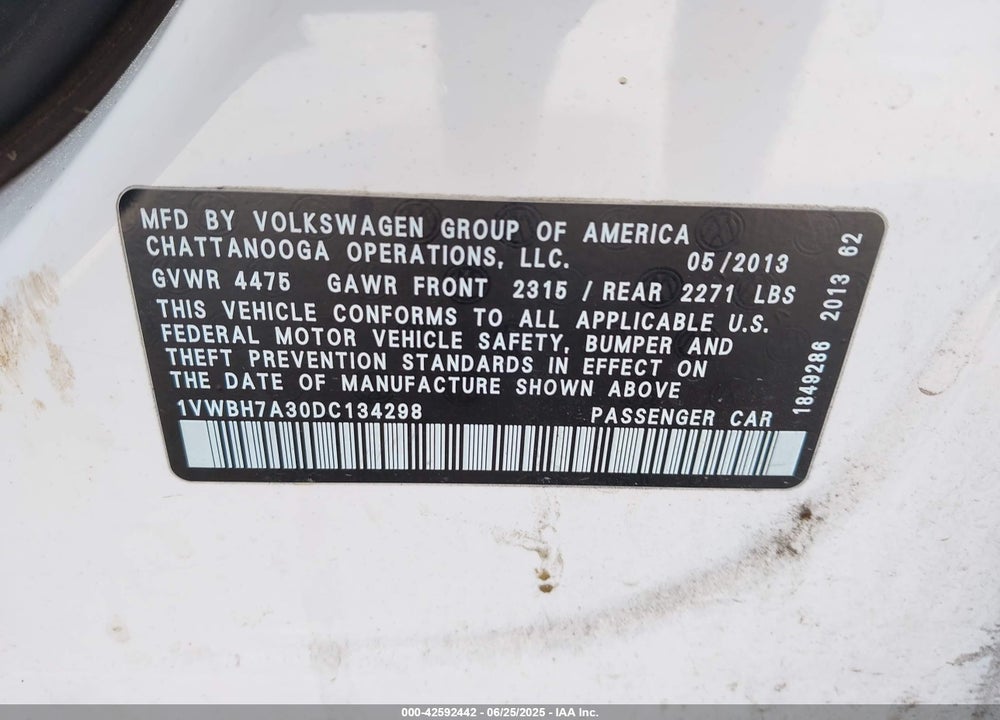 2013 VOLKSWAGEN PASSAT 2.5L SE VIN: 1VWBH7A30DC134298