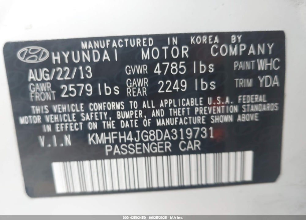2013 HYUNDAI AZERA VIN: KMHFH4JG8DA319731
