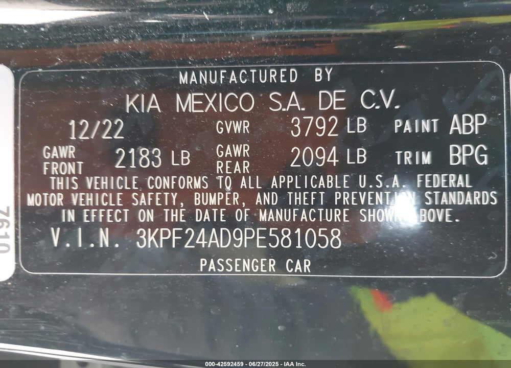 2023 KIA FORTE VIN: 3KPF24AD9PE581058