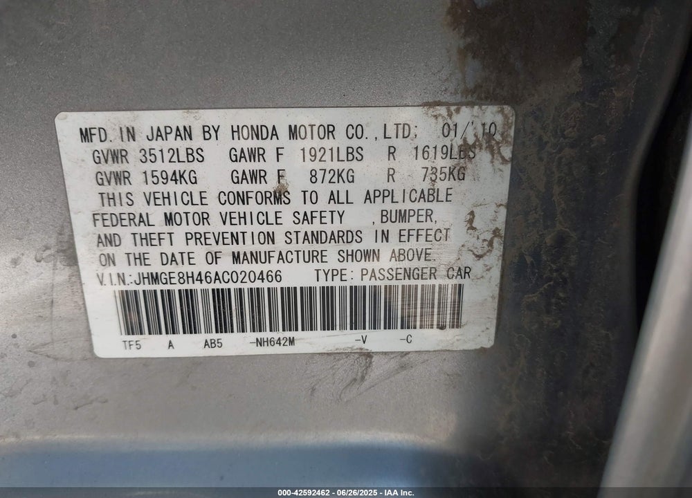 2010 HONDA FIT VIN: JHMGE8H46AC020466
