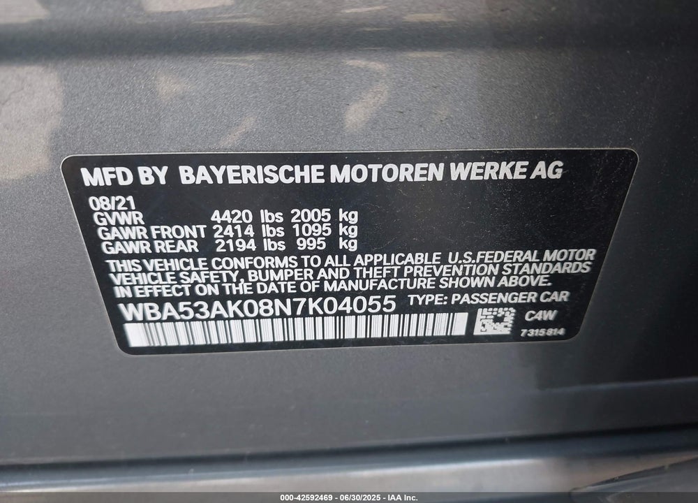 2022 BMW 2 SERIES VIN: WBA53AK08N7K04055