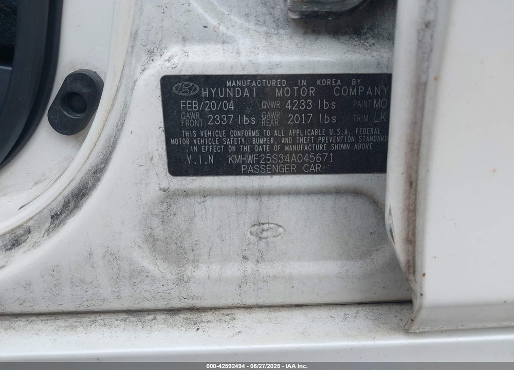 2004 HYUNDAI SONATA VIN: KMHWF25S34A045671